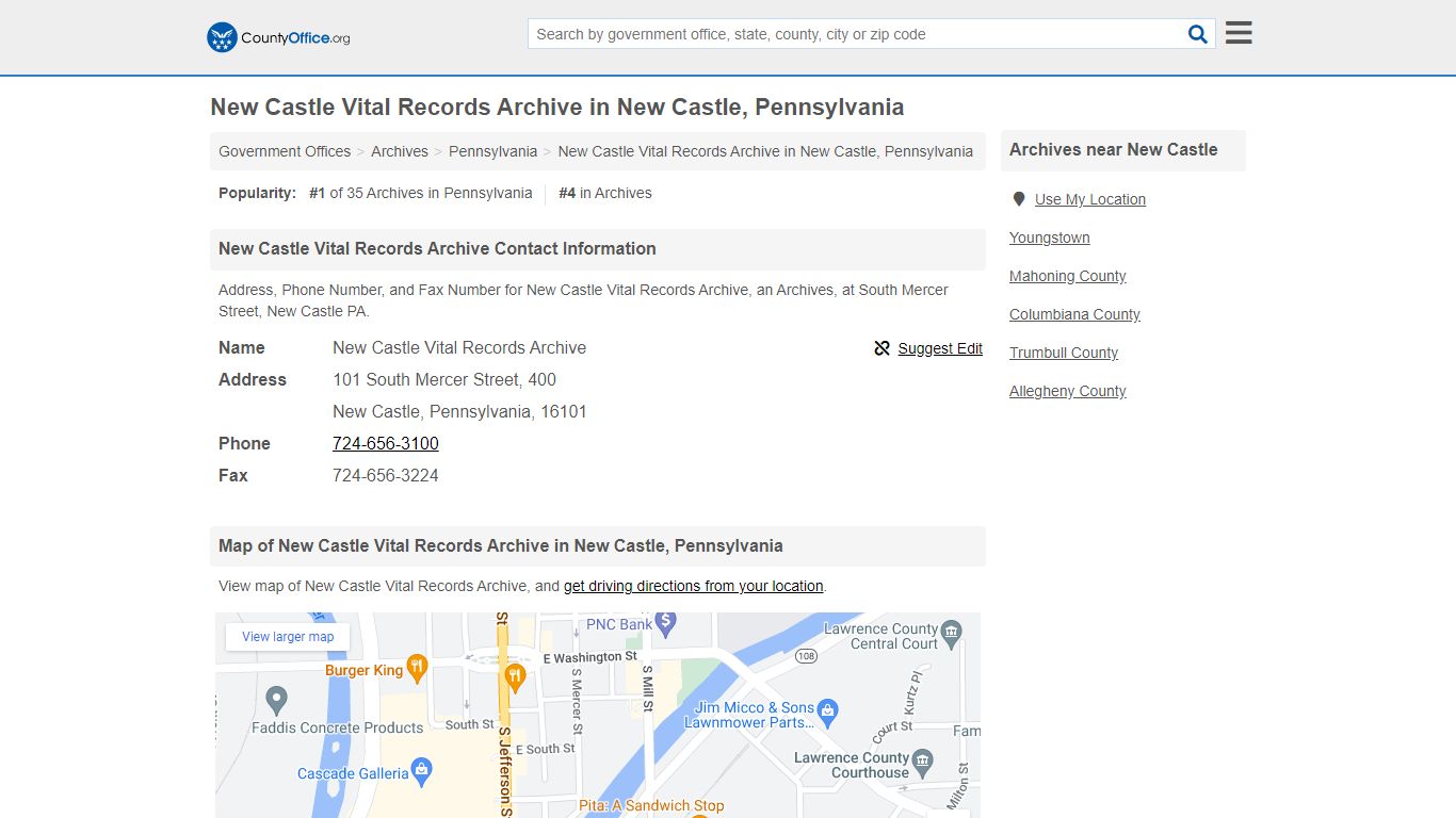 New Castle Vital Records Archive in New Castle, Pennsylvania