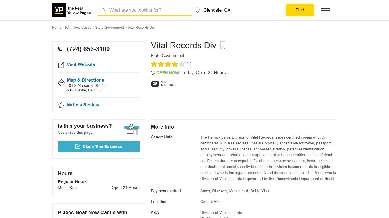 Vital Records Division in New Castle , PA - YP.com